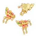 Detail of matte gold floral charms with red and green enamel and teardrop pendants - Peony / 2 Pcs/Set