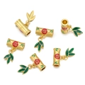 Detail of matte gold bamboo pendants with red Fu characters and green enamel leaves - Bamboo Fortune Style / 2 Pcs/Set