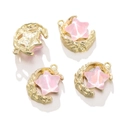Detail of four gold moon and pink star charms with ripple texture for DIY jewelry - 1 Piece / Star Style 1-Gold Pink Rhinestone