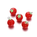 Detail shot of five miniature bright red resin tomato charms with green leaves and metal rings - Tomato Style / 2 Pcs/Set