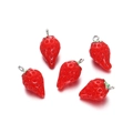 Detail view of five red resin strawberry pendants with green leaves and metal rings for DIY - Small Strawberry Style / 2 Pcs/Set