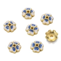 Macro shot of 10mm white enamel flower bead caps with blue dots for DIY jewelry making - Blue and White (03)
