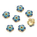 Detailed macro view of 10mm blue enamel flower bead caps with 18K gold finish for DIY jewelry - Blue (04)