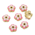 Close-up of 10mm flower bead caps with pink enamel and 18K gold plated finish for DIY jewelry - Pink and White (04)