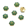 Macro detail of 10mm 18K gold-plated floral bead caps with green and blue enamel inlay - Green-Blue (07)