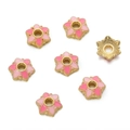Detailed macro view of 10mm flower-shaped pink enamel spacer beads with 18K gold edges - Light Pink (08)
