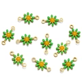 Detail of gold floral connectors with green petals and yellow centers for DIY jewelry - Set of 4 / 7.5*13mm (Hole 1.5mm) / Green