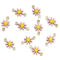 Macro detail of 10 pink daisy enamel charms with golden double rings for DIY jewelry - Set of 4 / 7.5*13mm (Hole 1.5mm) / Pink