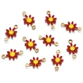 Close-up of ten red daisy flower pendants with gold alloy base and double loops for DIY - Set of 4 / 7.5*13mm (Hole 1.5mm) / Red