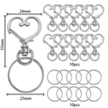 Set di chiusure a moschettone a cuore e anelli portachiavi argento con misure dettagliate - 10 Chiusure E 10 Anelli / Argento