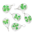 Detailed view of six teardrop-shaped glass pendants with green four-leaf clover specimens - Water Drop Style / 2 Pcs/Set
