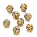 Flat lay of eight gold-plated cloisonné hollow beads with colorful enamel floral patterns - Chinese Enamel Red Blue Green (Copper Style 01, 1 Piece/Approx. 2.5g)