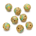 Macro shot of gold hollow enamel beads with floral patterns for jewelry making - Matte Gold Emerald Pink Yellow (Copper Style 03, 1 Piece/Approx. 2.5g)