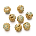 Detailed macro of 8 hollow cloisonné enamel flower beads for jewelry DIY making - Light Green Pale Pink Floral (Copper Style 06, 1 Piece/Approx. 2.5g)