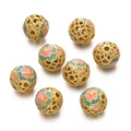 Detailed view of hollow gold filigree enamel beads with pink and green floral patterns - Matte Gold Filigree Pink Green (Copper Style 07, 1 Piece/Approx. 2.5g)