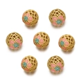 Macro view of seven gold-plated hollow enamel floral beads for jewelry making - Brass Pink Petal Cyan Stamen (Copper Style 08, 1 Piece/Approx. 2.5g)