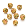 Detail of 9 hollow golden cloisonné enamel beads with floral patterns for jewelry DIY - Golden Red Yellow Green Flower (Copper Style 09, 1 Piece/Approx. 2.5g)