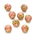 Close-up of hollow gold cloisonne beads with pink and red enamel floral patterns - Gold Pink Red Painted (Copper Style 12, 1 Piece/Approx. 2.5g)