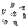 Close-up of gunmetal grey metal crimp ends with lobster claws for DIY jewelry making - 100pcs Pack / 3*5.5mm / Gun Black