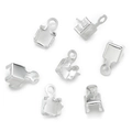 Close-up of silver metal fold-over crimp ends and clasp connectors for DIY jewelry making - 100pcs Pack / 3*5.5mm / Silver