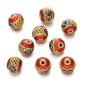 Detailed macro view of red and gold cloisonné enamel hollow beads for DIY jewelry making - China Red Antique Gold Bead (Copper Style 14, 1 Piece/Approx. 3g)