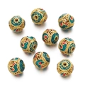 Detailed view of hollow gold-plated cloisonne enamel beads for DIY jewelry making - Peacock Feather Blue Red Glaze (Copper Style 18, 1 Piece/Approx. 3g)