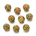 Detailed macro view of hollow gold-plated cloisonné enamel beads for DIY jewelry making - Filigree Red Green Blue Bead (Copper Style 21, 1 Piece/Approx. 3.5g)