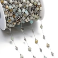 Macro detail of natural faceted stone chain with stainless steel beads on a white spool - Steel Color Style 02