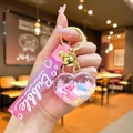 Luminous heart quicksand keychain with pink beads and snowflake glitters in liquid bottle - Gradient Strap Pink Snowflake Heart