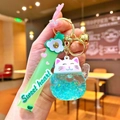 Green lucky cat keychain with sparkling liquid sand and sweet heart rubber wrist strap - Glow in the Dark / Green