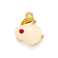 Detailed close-up of a gold-plated rabbit pendant with creamy enamel and red rhinestone eye - Single Hanging Hole Style