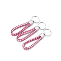 Three-piece set of magenta and white woven leather keychains with silver metal rings - 5 Pieces / Rose Red White