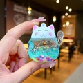 Cute green liquid quicksand keychain with maneki-neko lucky cat and colorful sequins - Luminous Style (Without Buckle) / Green