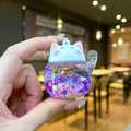Lucky cat keychain with purple liquid quicksand and colorful flower sequins - Luminous Style (Without Buckle) / Blue