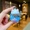 Cute fortune cat keychain with blue liquid quicksand and colorful floral ornaments - Luminous Style (Without Buckle) / Purple