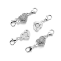 Macro detail of heart-shaped magnetic jewelry clasps with rhinestones and lobster claws - 11*18mm (3 Sets) / Silver