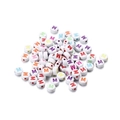 Close-up of white acrylic round flat beads with colorful printed letters for DIY jewelry - Style M / 7mm (100 Pieces/Pack)