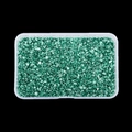 Macro shot of irregular metallic green glass shards in a clear plastic storage container - Light Green