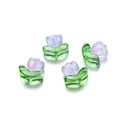 Macro shot of glass tulip beads with green leaves and purple petals for DIY jewelry - 10 Flowers + 10 Leaves / 3D Pink Blue