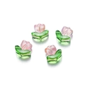 Macro detail of translucent pink glass tulip beads with green leaf base for DIY jewelry - 3D Peach Pink