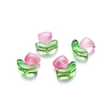 Detailed view of pink glass tulip beads with green leaves for DIY jewelry making - Flat Peach Pink
