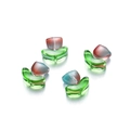 Macro view of handmade tulip glass beads with gradient pink petals and green leaves - Flat Red Blue