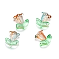Detail of four glass tulip flower beads with green leaf base for DIY jewelry making - 10 Flowers + 10 Leaves / Blue Brown Morning Glory