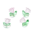 Detailed shot of four translucent pink glass trumpet flower beads with green leaves - 10 Flowers + 10 Leaves / Pink Petunia
