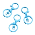 Close-up of three sky blue matte lobster clasps with flat key rings for DIY crafts - 30x68mm / Blue