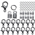 Silver jewelry DIY set with lobster clasps, open jump rings and fold-over cord ends - 80-Piece Set (Lobster Clasp 12*6mm / Jump Ring 0.7*5mm / End Cap 3.5mm) / Gun Black