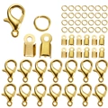 DIY jewelry kit with gold lobster clasps open jump rings and fold over cord ends - 80-Piece Set (Lobster Clasp 12*6mm / Jump Ring 0.7*5mm / End Cap 3.5mm) / KC Gold