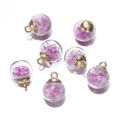 Detailed view of DIY luminous glass ball pendants with purple crystals and gold metal loops - Purple