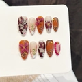 Uñas postizas de flores naranja y rosa con relieve de pan de oro y flores 3D - XS / Almendra Mediana (3330)