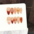 Pink orange gradient handmade press-on nails with 3D flowers and gold glitter almond shape - Extra Small (XS)
